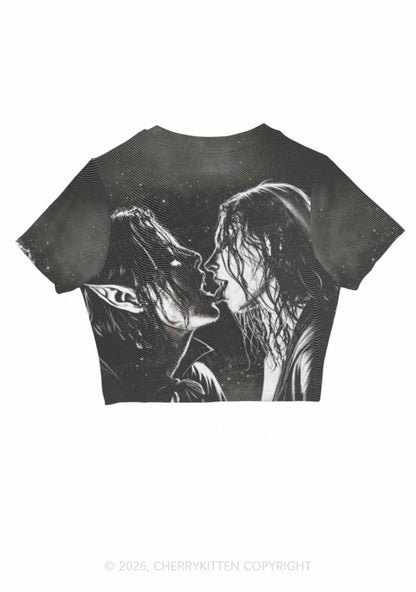 Halloween Two Vampire Figures Y2K Mesh Crop Top Cherrykitten
