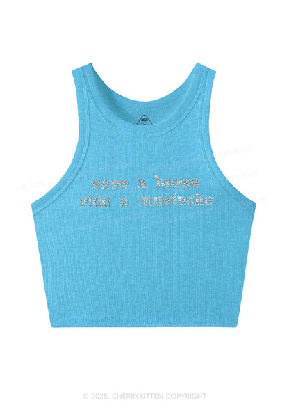 Rhinestone Ride A Mustache Y2K Crop Tank Top Cherrykitten