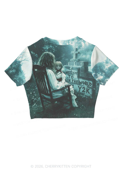 Halloween Graveyard Doll Y2K Mesh Crop Top Cherrykitten