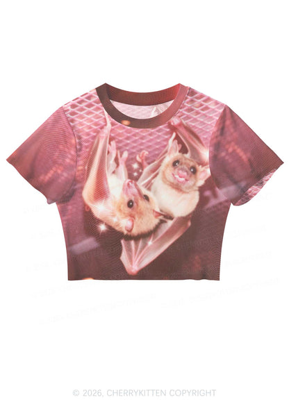 Halloween Two Baby Bats Y2K Mesh Crop Top Cherrykitten