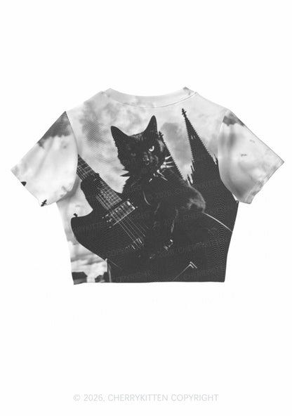 Halloween Guitar Black Cat Y2K Mesh Crop Top Cherrykitten
