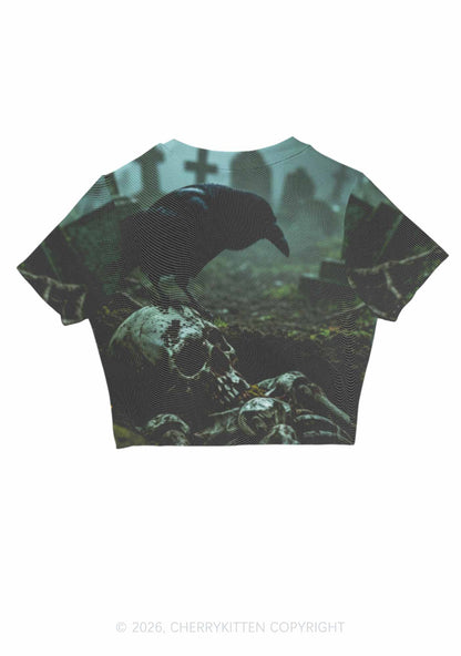 Halloween Raven On Skull Y2K Mesh Crop Top Cherrykitten