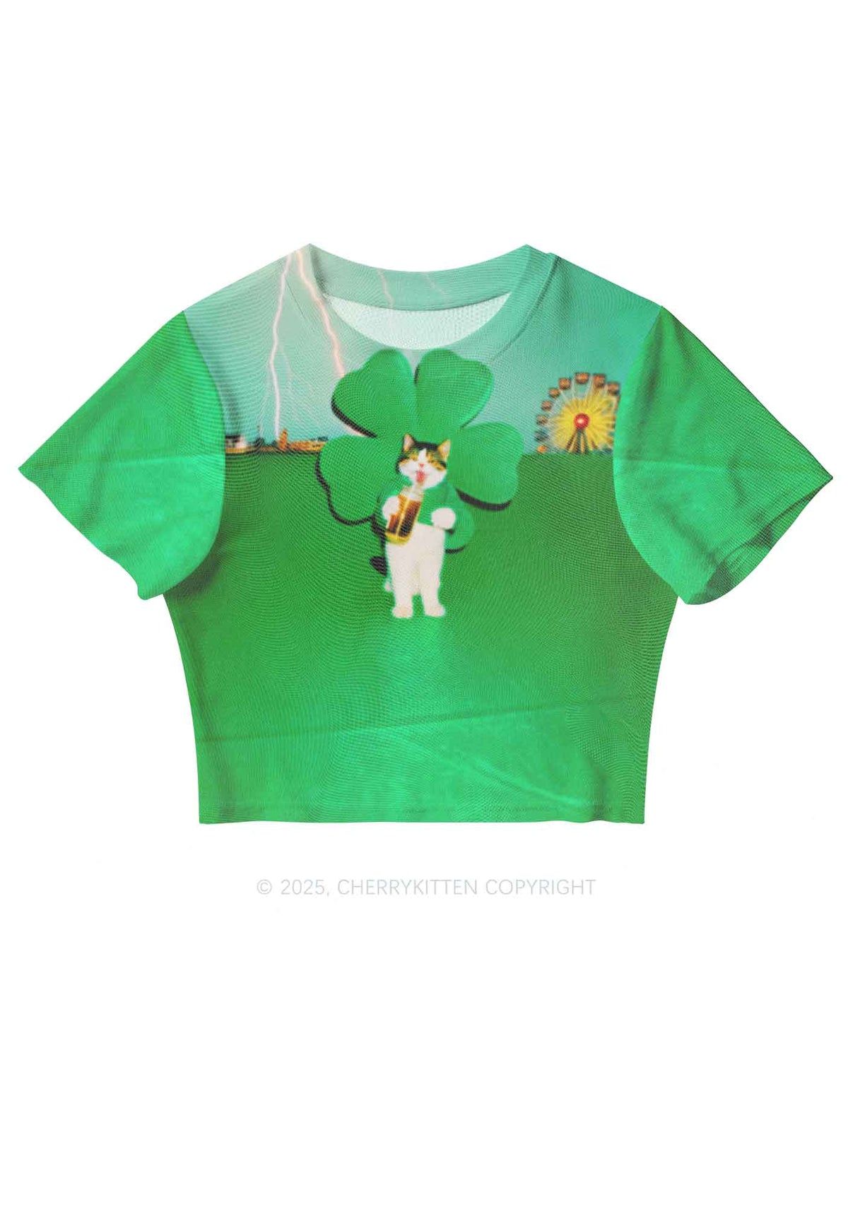 Lucky Cat St Patricks Y2K Mesh Crop Top Cherrykitten