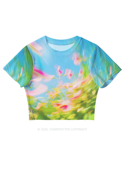 Blurred Blooms Y2K Mesh Crop Top Cherrykitten