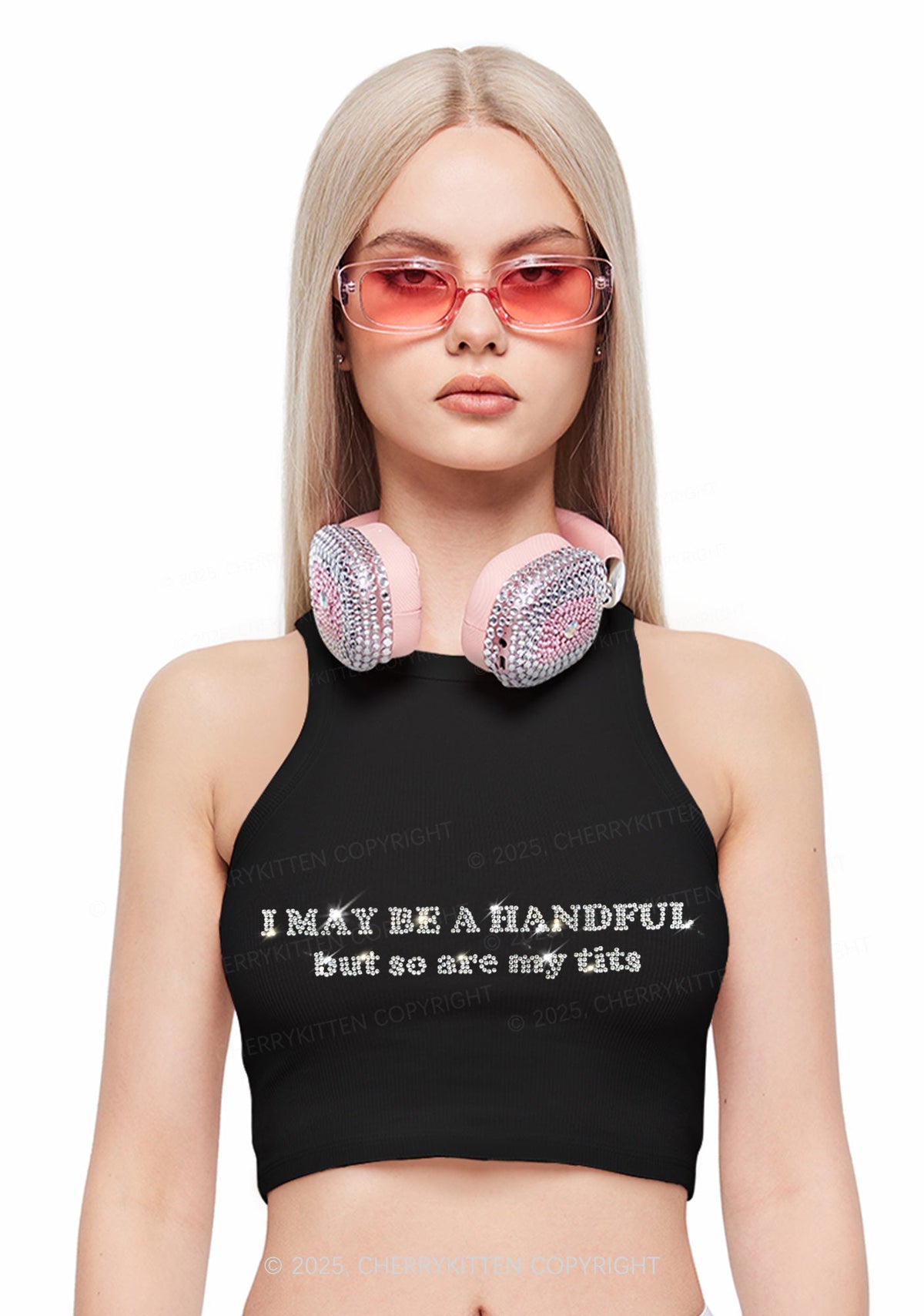 Rhinestone I May Be A Handful Y2K Crop Tank Top Cherrykitten