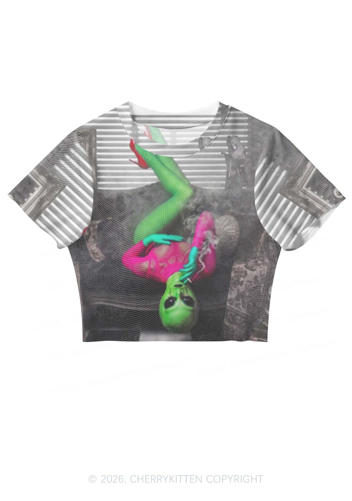 Halloween Smoking Alien Y2K Mesh Crop Top Cherrykitten