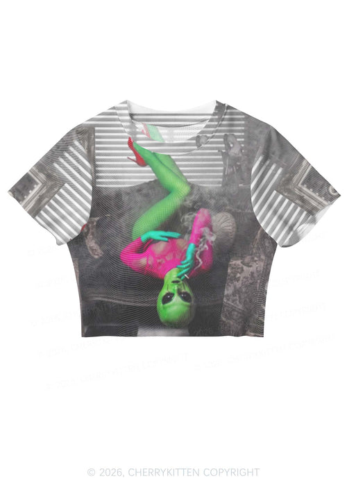Halloween Smoking Alien Y2K Mesh Crop Top Cherrykitten