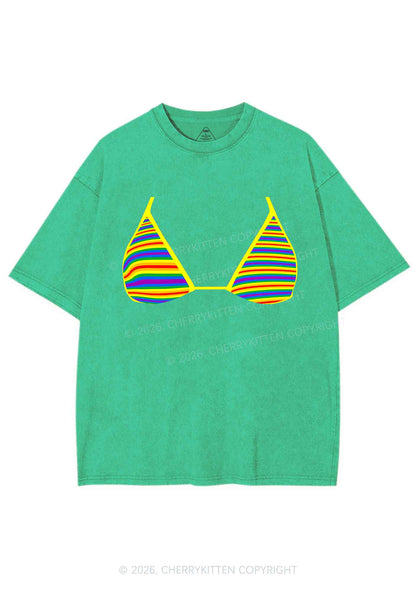 Rainbow Stripe Bra Pride Y2K Shirts Washed Tee Cherrykitten
