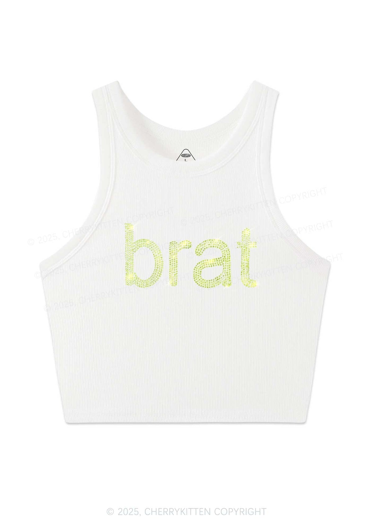 Rhinestone Green Brat Y2K Crop Tank Top Cherrykitten