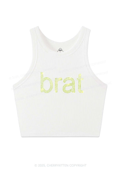 Rhinestone Green Brat Y2K Crop Tank Top Cherrykitten
