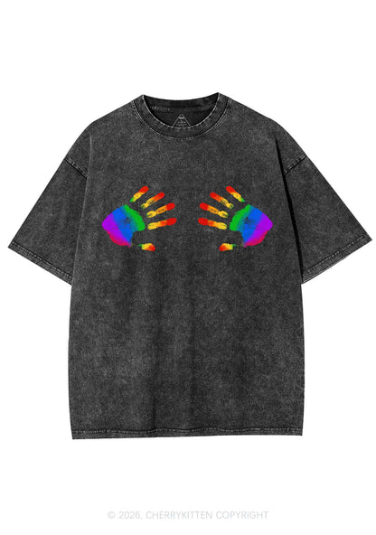 Rainbow Handprint Pride Y2K Shirts Washed Tee Cherrykitten