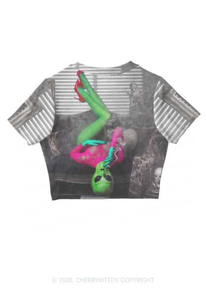 Halloween Smoking Alien Y2K Mesh Crop Top Cherrykitten
