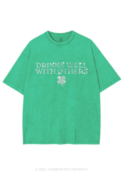 Rhinestone Drinks Well With Others St Patricks Y2K Shirts Washed Tee Cherrykitten