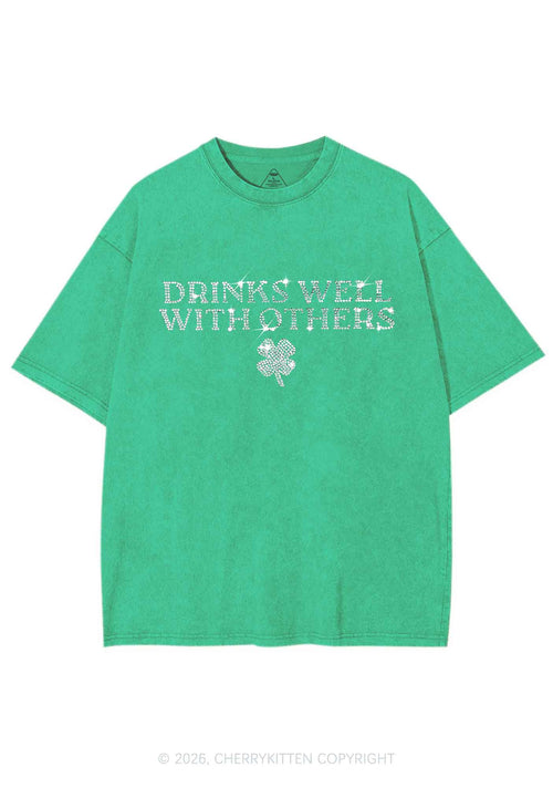 Rhinestone Drinks Well With Others St Patricks Y2K Shirts Washed Tee Cherrykitten