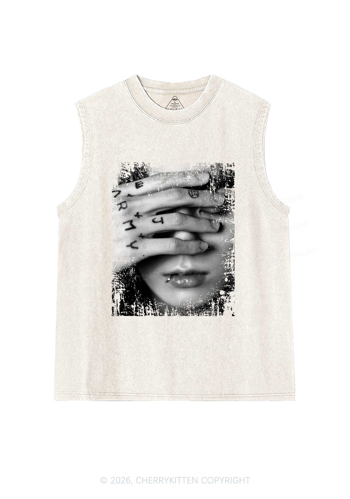 Tattoo Hand Portrait Kpop Y2K Washed Muscle Tank Cherrykitten