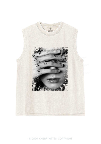 Tattoo Hand Portrait Kpop Y2K Washed Muscle Tank Cherrykitten