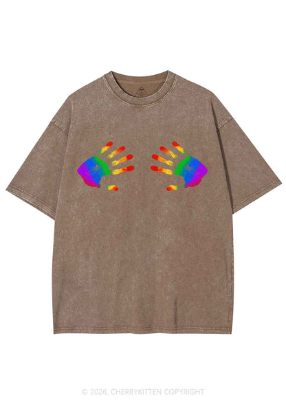 Rainbow Handprint Pride Y2K Shirts Washed Tee Cherrykitten