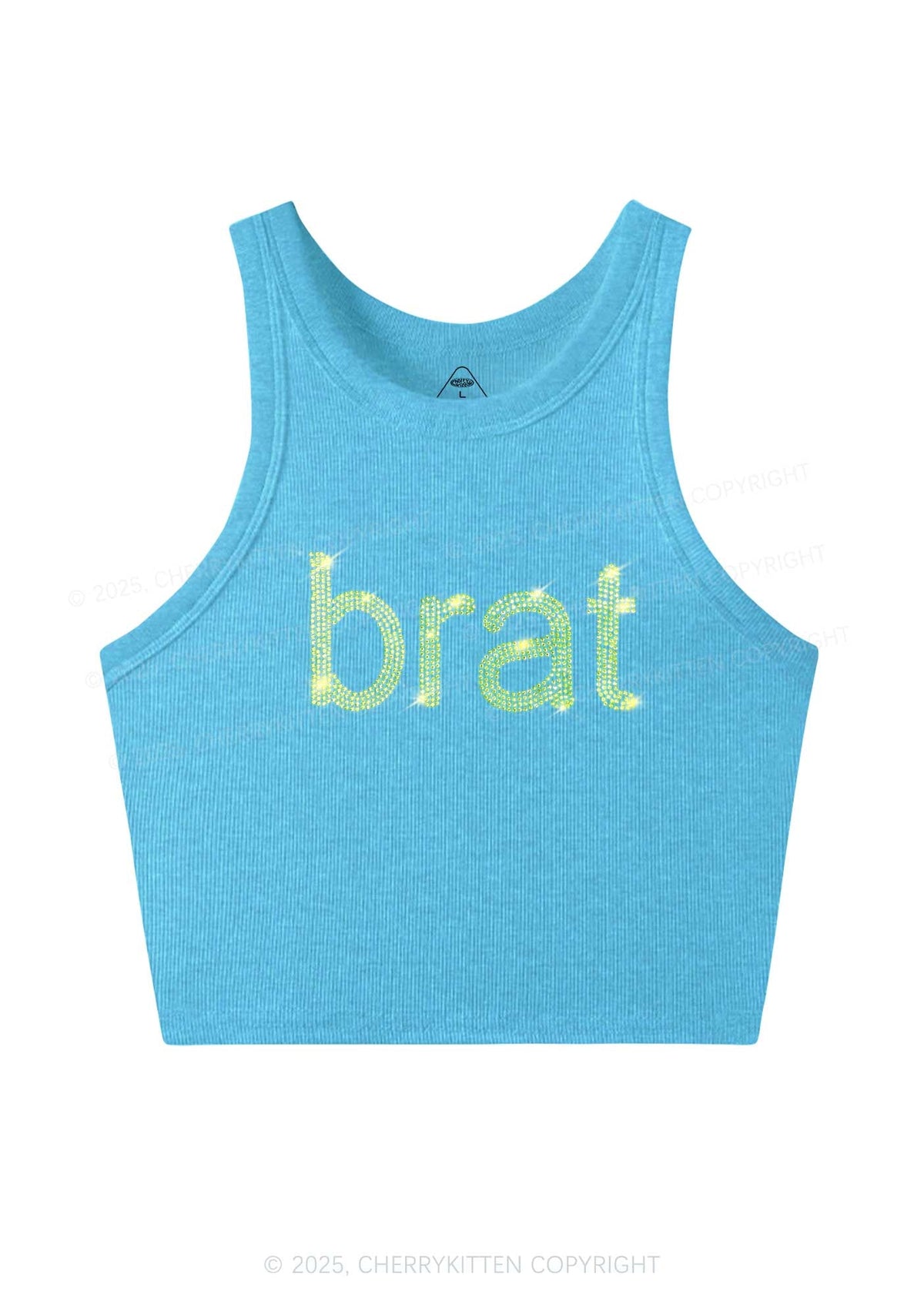 Rhinestone Green Brat Y2K Crop Tank Top Cherrykitten