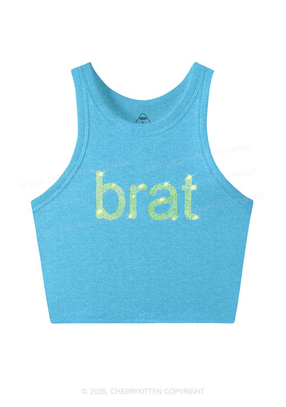 Rhinestone Green Brat Y2K Crop Tank Top Cherrykitten