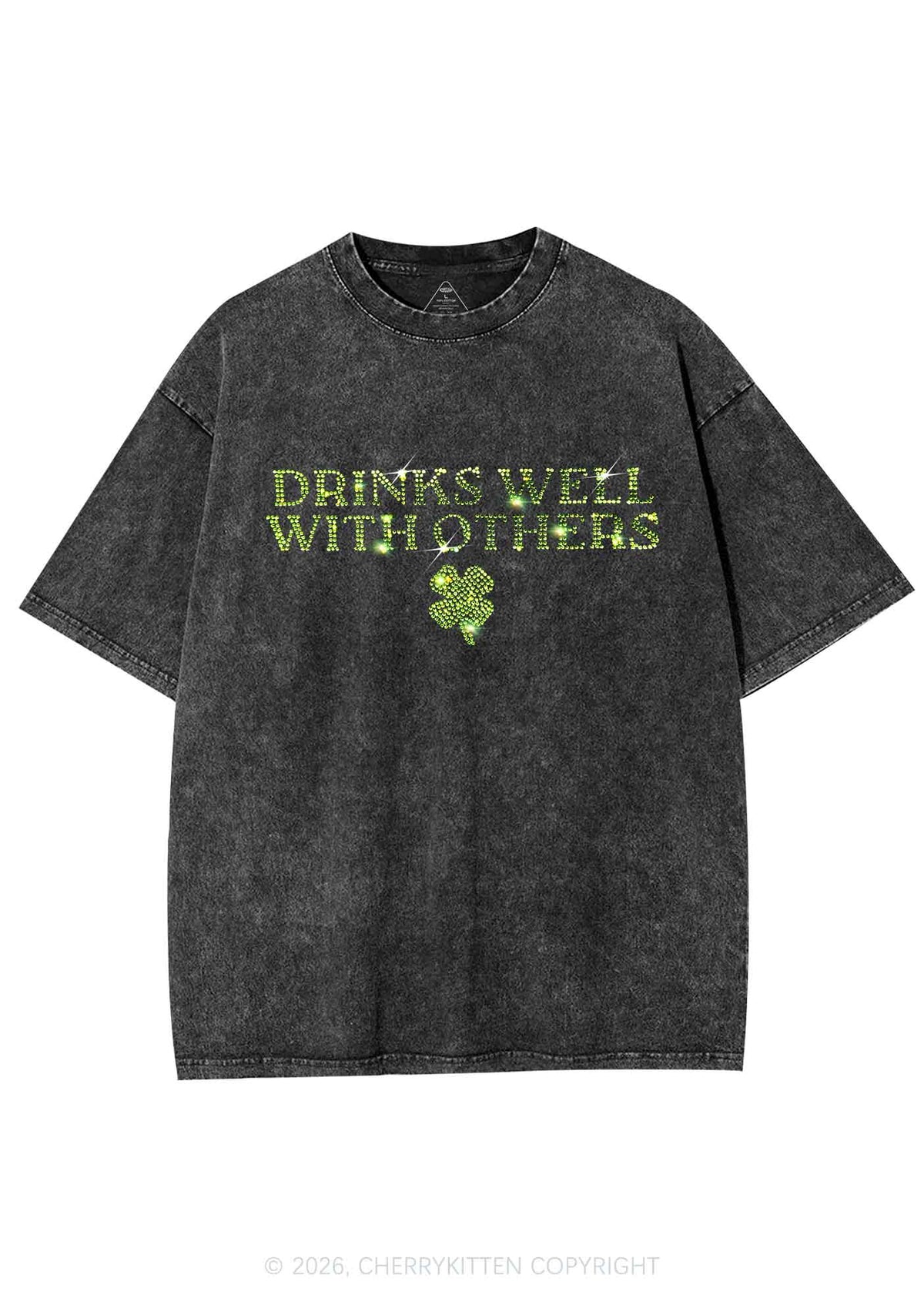 Rhinestone Drinks Well With Others St Patricks Y2K Shirts Washed Tee Cherrykitten
