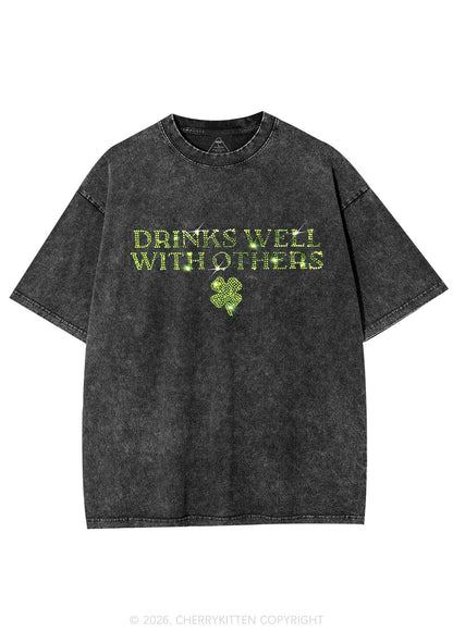 Rhinestone Drinks Well With Others St Patricks Y2K Shirts Washed Tee Cherrykitten