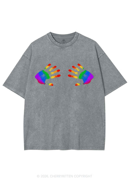 Rainbow Handprint Pride Y2K Shirts Washed Tee Cherrykitten
