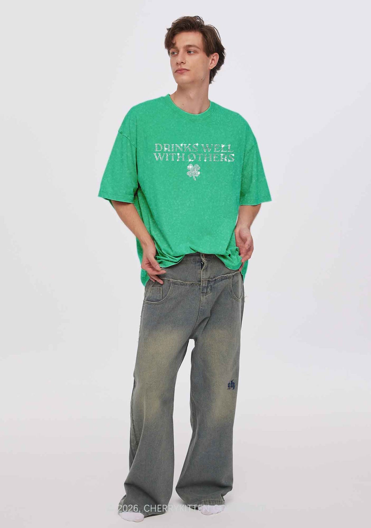 Rhinestone Drinks Well With Others St Patricks Y2K Shirts Washed Tee Cherrykitten