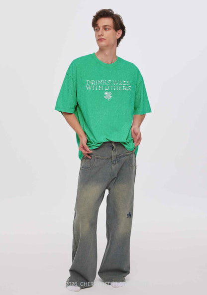 Rhinestone Drinks Well With Others St Patricks Y2K Shirts Washed Tee Cherrykitten