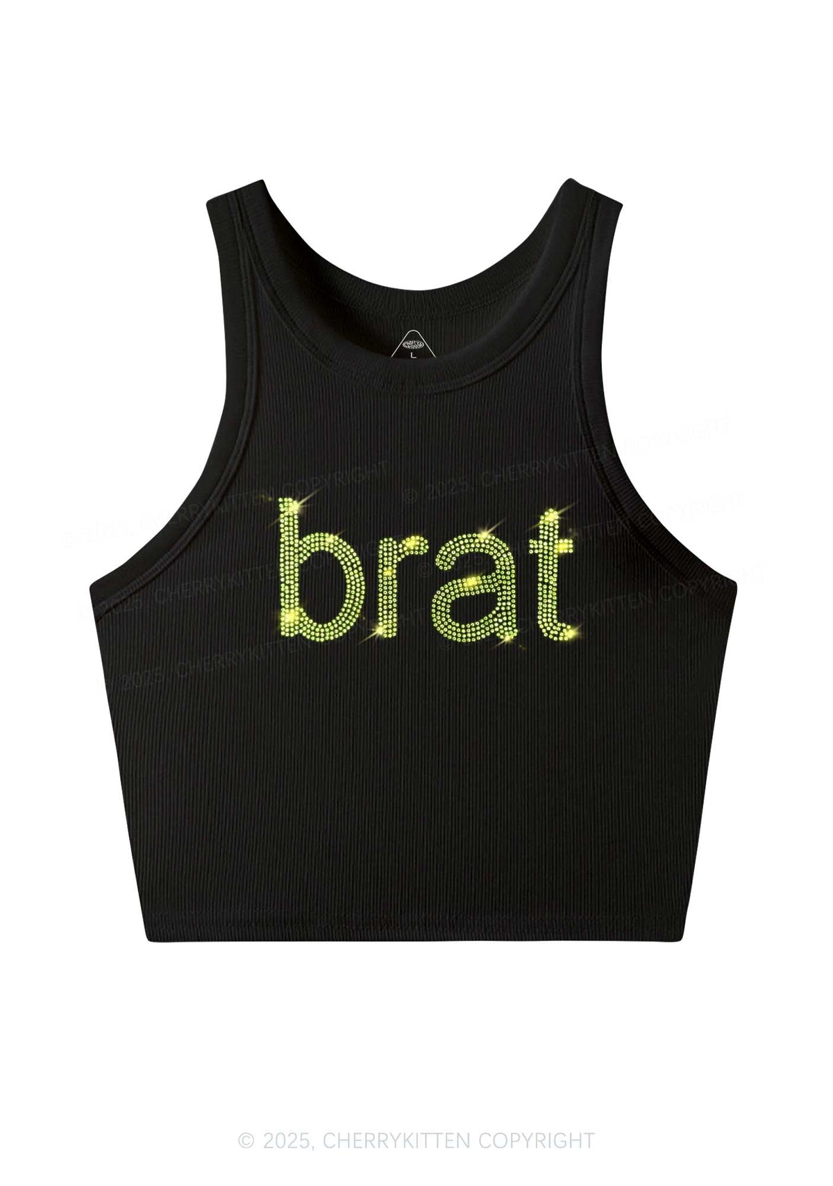Rhinestone Green Brat Y2K Crop Tank Top Cherrykitten