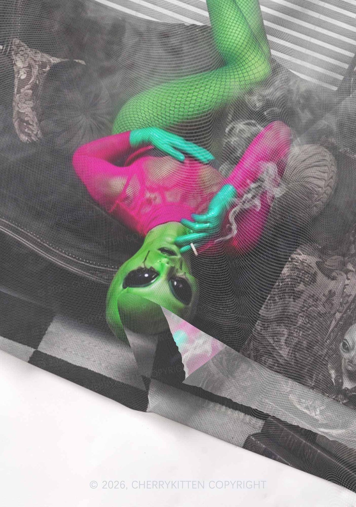 Halloween Smoking Alien Y2K Mesh Crop Top Cherrykitten