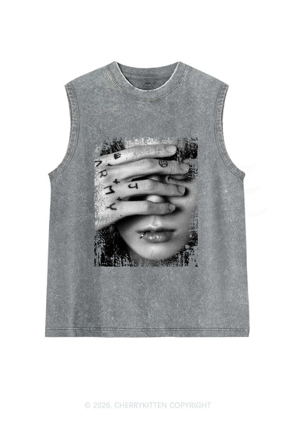 Tattoo Hand Portrait Kpop Y2K Washed Muscle Tank Cherrykitten
