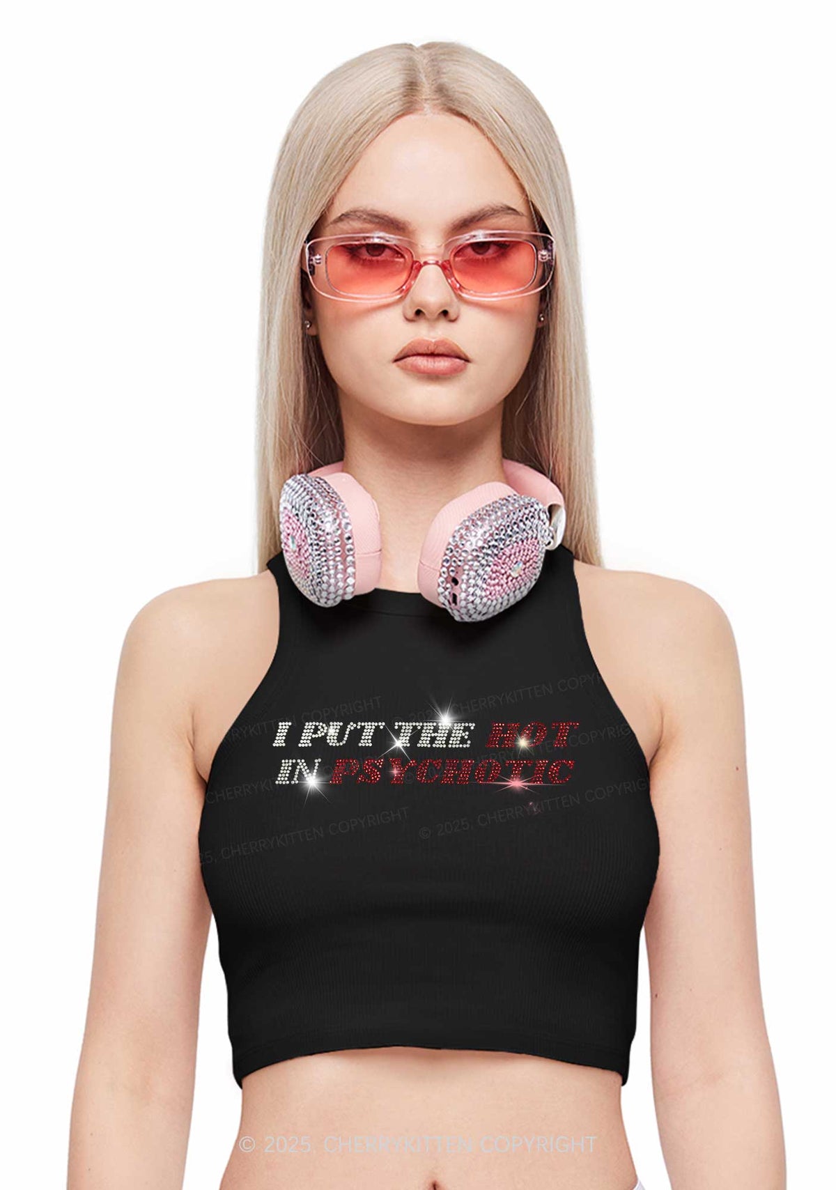 Rhinestone I Put The Hot In Psychotic Y2K Crop Tank Top Cherrykitten