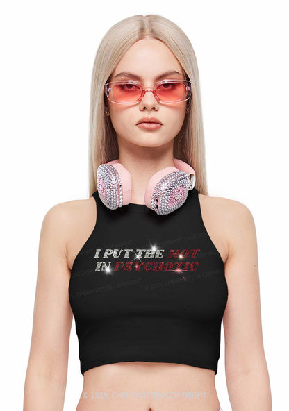 Rhinestone I Put The Hot In Psychotic Y2K Crop Tank Top Cherrykitten