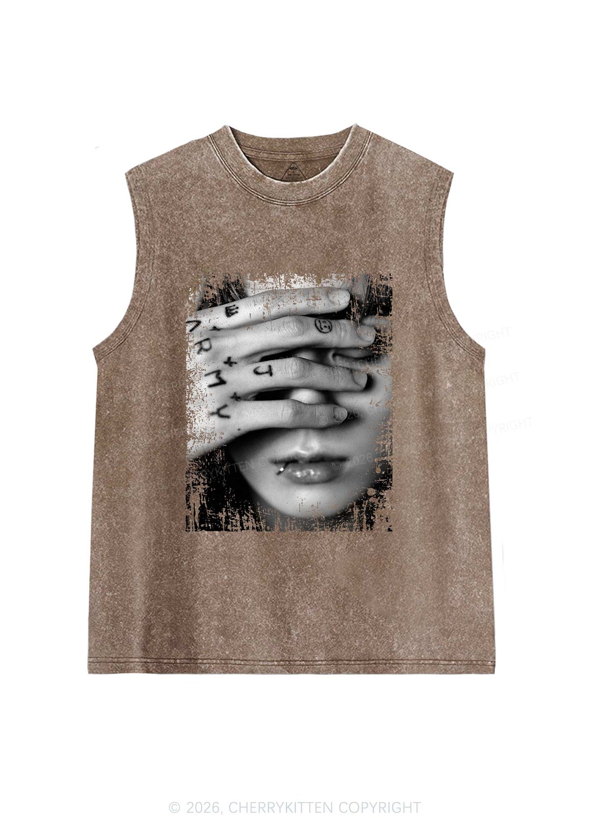 Tattoo Hand Portrait Kpop Y2K Washed Muscle Tank Cherrykitten
