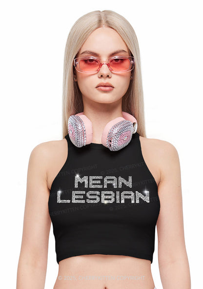Rhinestone Mean Lesbian Pride Y2K Crop Tank Top Cherrykitten
