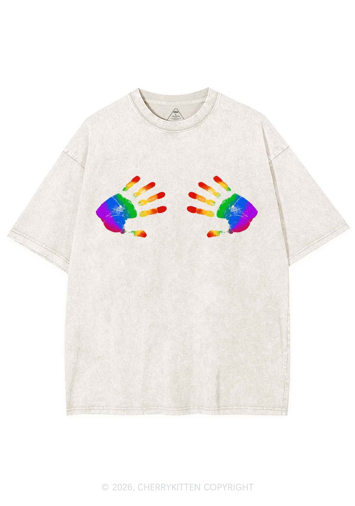 Rainbow Handprint Pride Y2K Shirts Washed Tee Cherrykitten