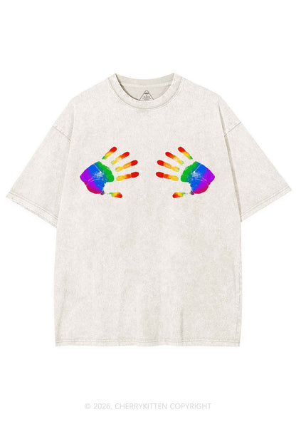 Rainbow Handprint Pride Y2K Shirts Washed Tee Cherrykitten