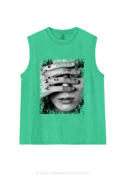 Tattoo Hand Portrait Kpop Y2K Washed Muscle Tank Cherrykitten