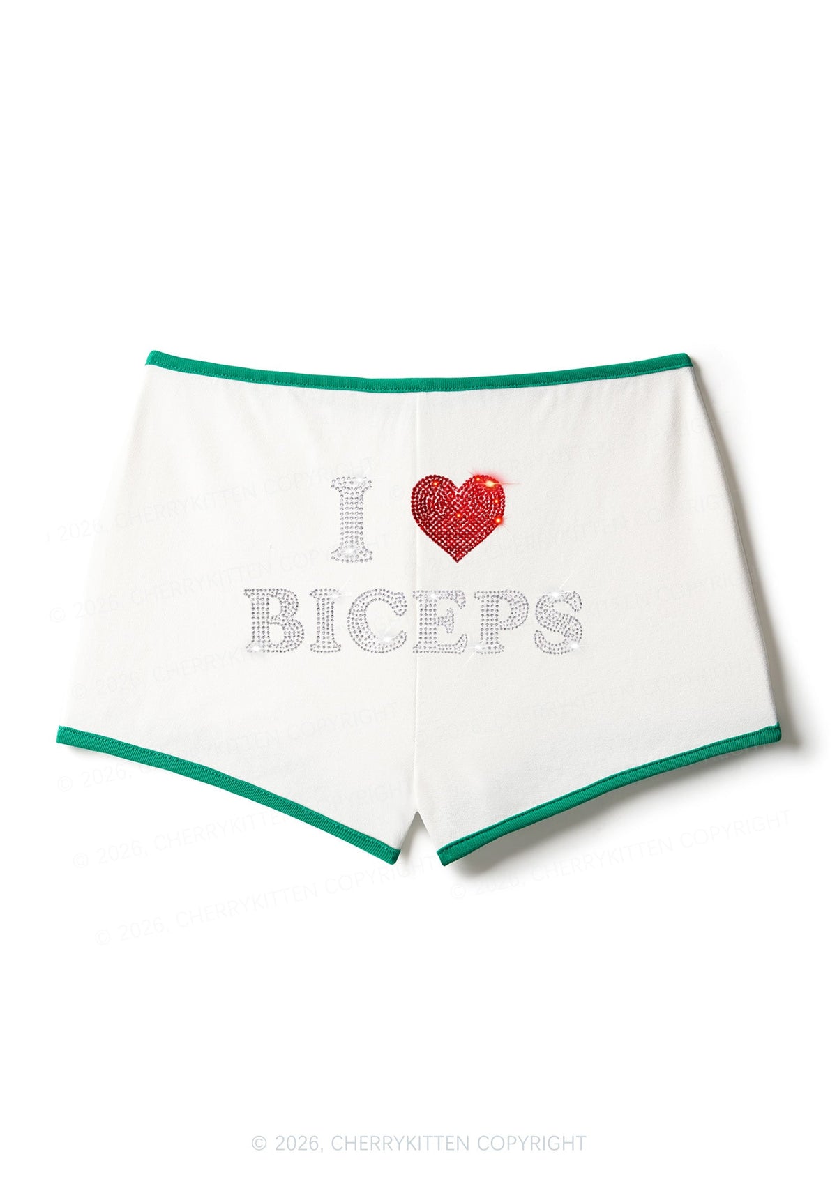 Rhinestone I Love Biceps Y2K Booty Shorts Cherrykitten