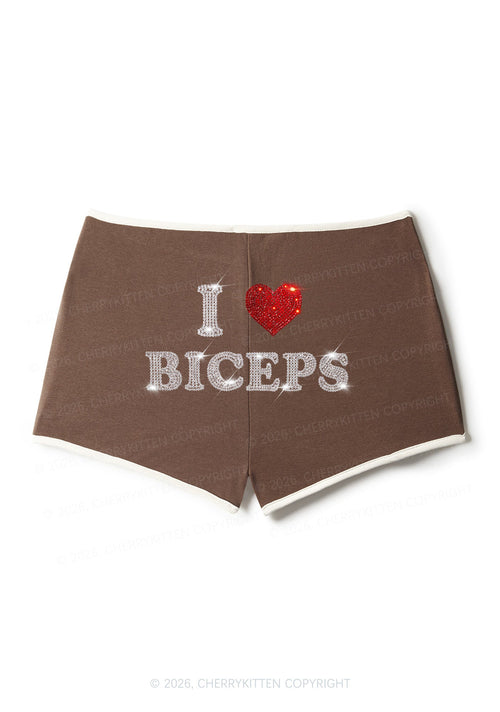 Rhinestone I Love Biceps Y2K Booty Shorts Cherrykitten