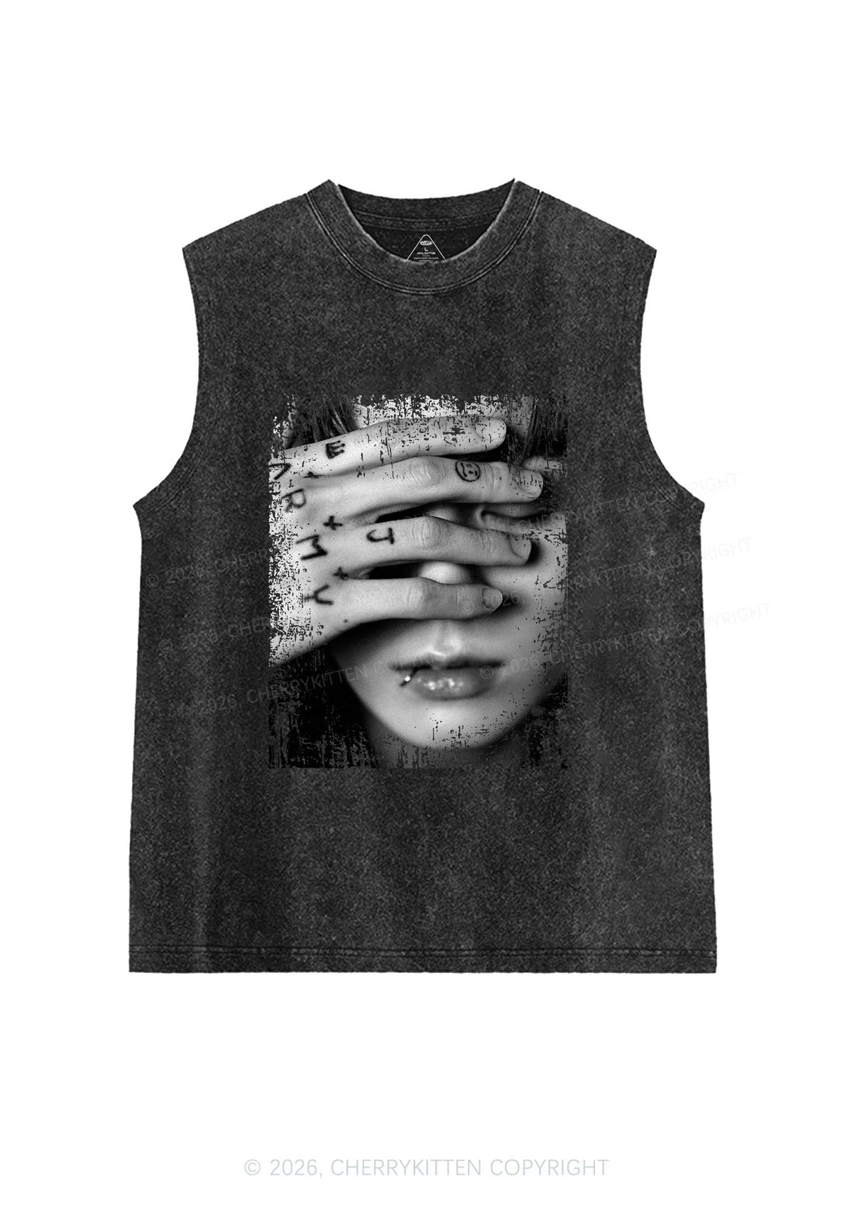 Tattoo Hand Portrait Kpop Y2K Washed Muscle Tank Cherrykitten