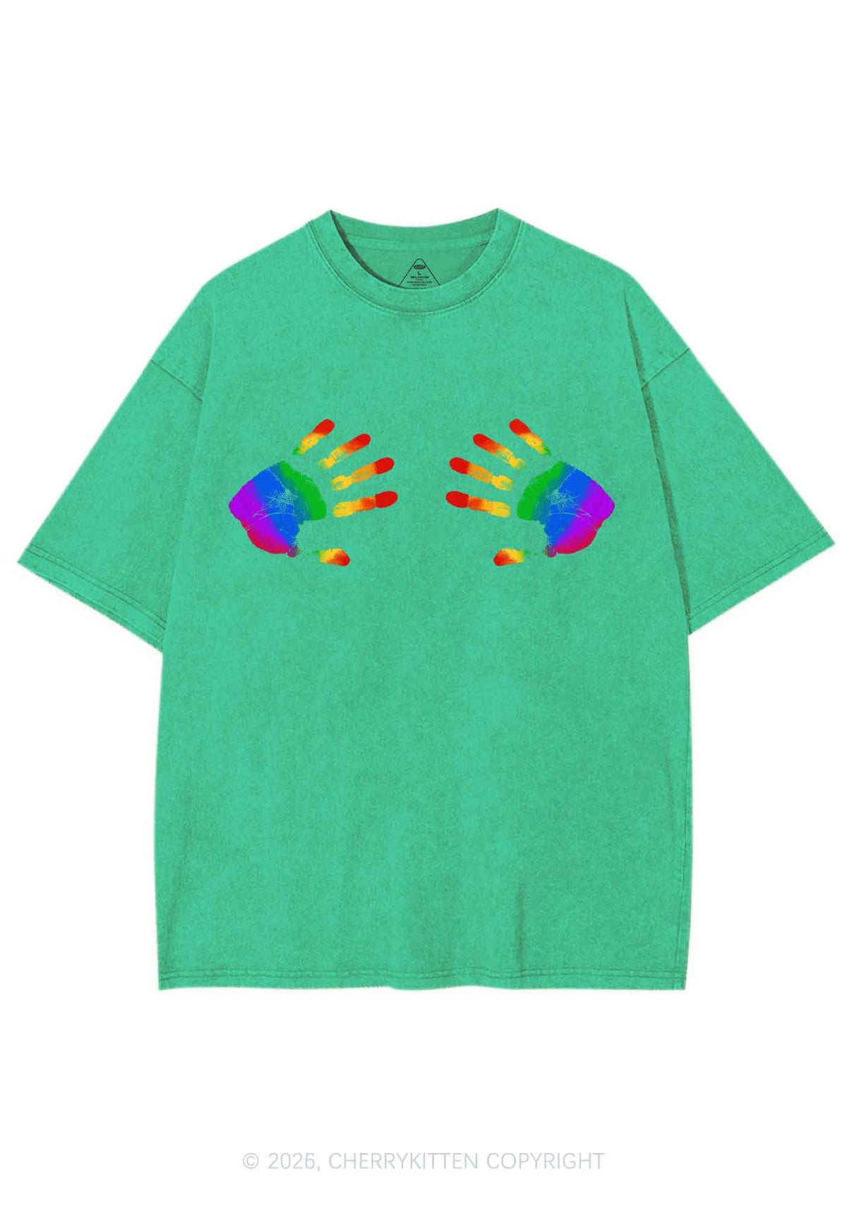 Rainbow Handprint Pride Y2K Shirts Washed Tee Cherrykitten