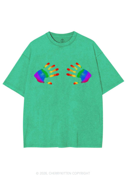 Rainbow Handprint Pride Y2K Shirts Washed Tee Cherrykitten