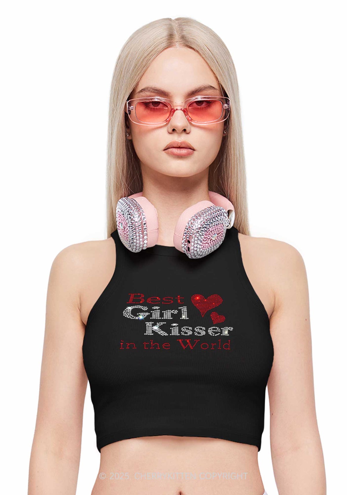 Rhinestone Best Girl Kisser Pride Y2K Crop Tank Top Cherrykitten