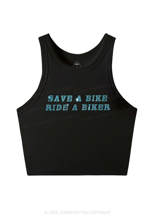 Rhinestone Save Bike Ride Biker Y2K Crop Tank Top Cherrykitten