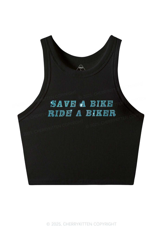 Rhinestone Save Bike Ride Biker Y2K Crop Tank Top Cherrykitten