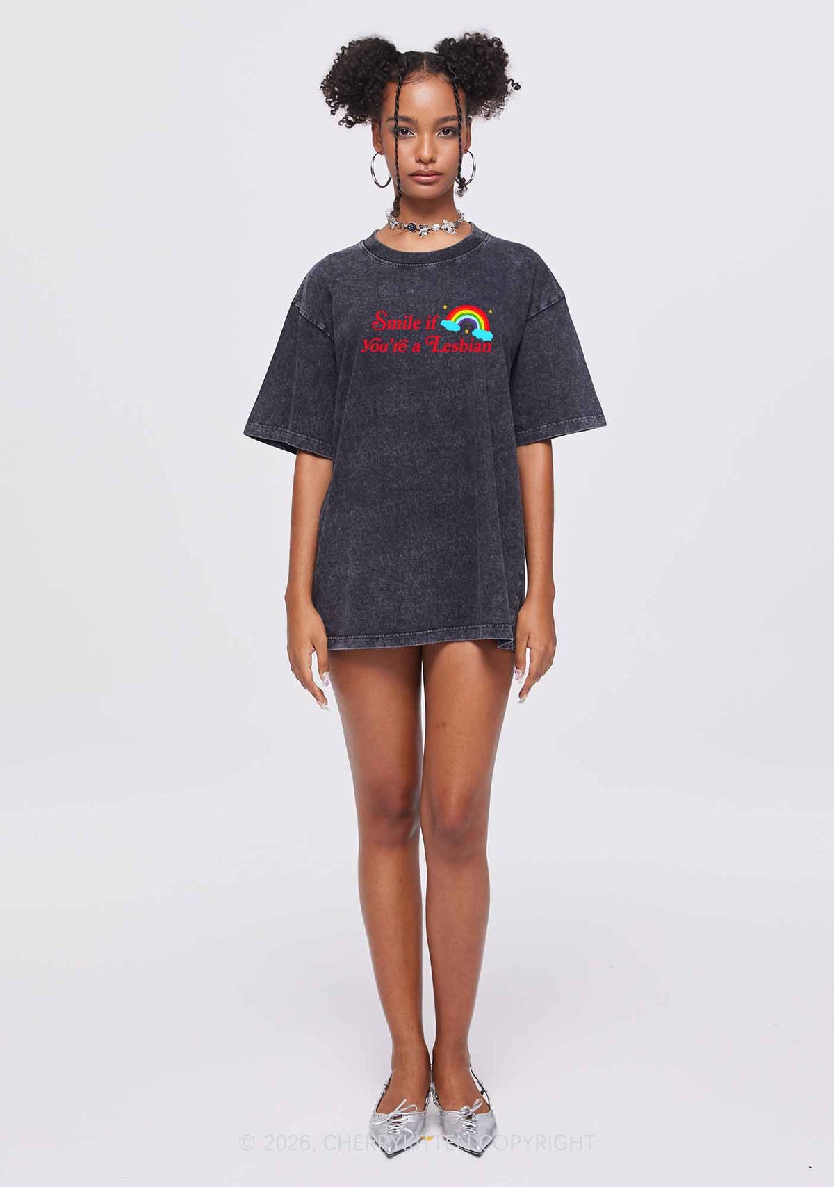 Smile If You Are Lesbian Pride Y2K Shirts Washed Tee Cherrykitten