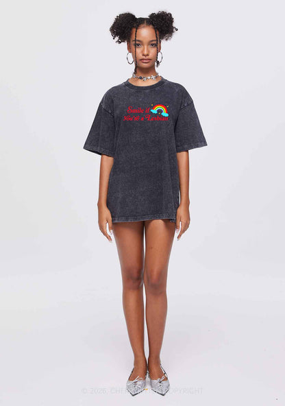 Smile If You Are Lesbian Pride Y2K Shirts Washed Tee Cherrykitten