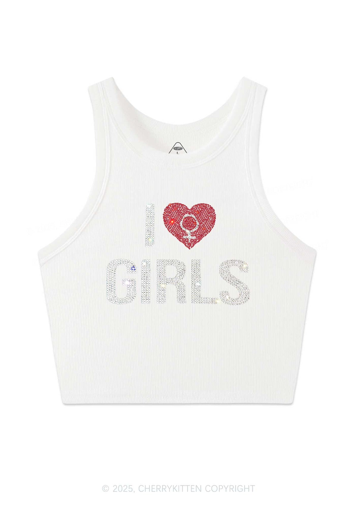 Rhinestone I Love Girls Pride Y2K Crop Tank Top Cherrykitten