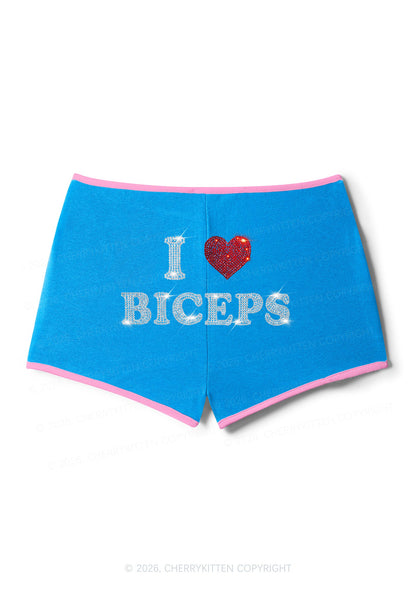 Rhinestone I Love Biceps Y2K Booty Shorts Cherrykitten